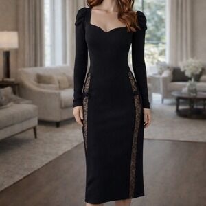 Black Ribbed Lace Cutout Midi Dress Party Cocktail Long Sleeve S Fits XS/XXS